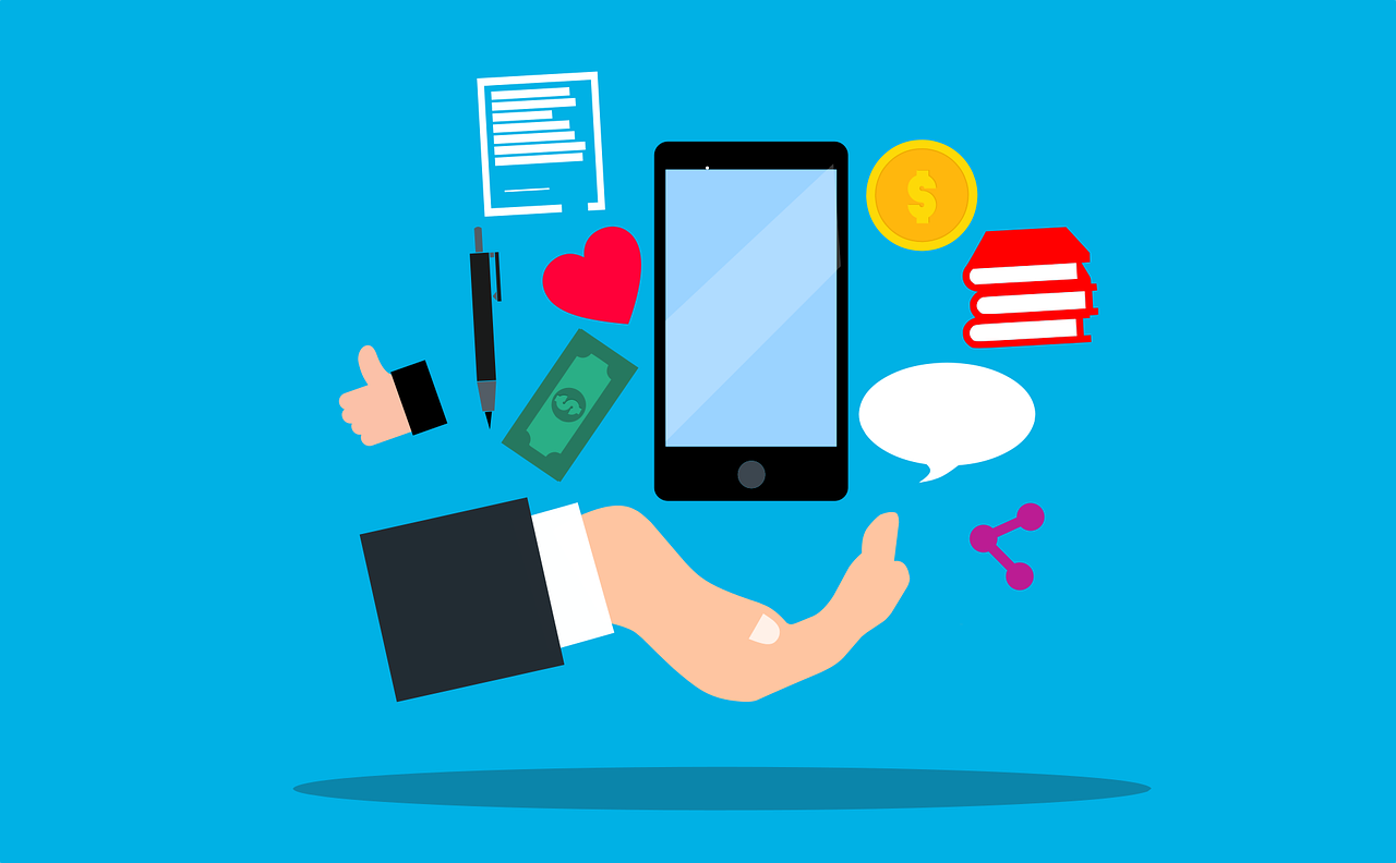 Digital Graphic with a big mobile phone in the middle. Around it are objects like a dollar bill, a coin, a thumbs up and a share-symbol.